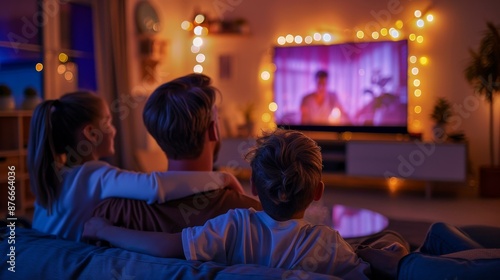 Family Enjoying Movie Night Together on the Couch with Warm Lighting.