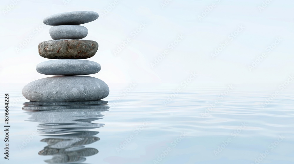 Stacked smooth stones balanced in a serene water setting, representing tranquility, balance, and Zen philosophy against a clear sky backdrop. Stacked smooth stones balanced in a serene water setting, representing tranquility, balance, and Zen philosophy against a clear sky backdrop.