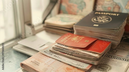 Stack of various passports and currencies on a desk near a window, with a blurred map in the background.