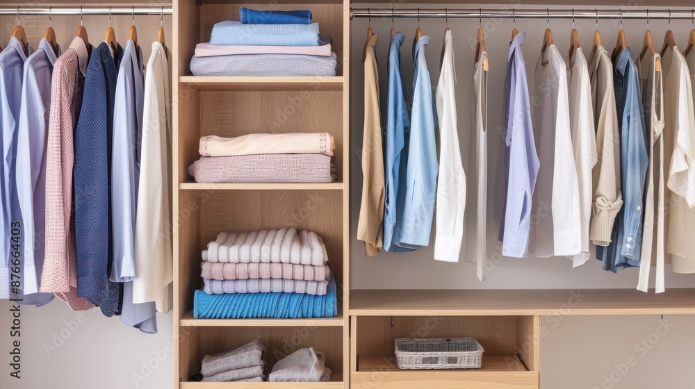 Well-organized wardrobe with neatly hung clothes and stacked towels in a modern closet, showcasing efficient storage solutions and a tidy environment. Well-organized wardrobe with neatly hung clothes and stacked towels in a modern closet, showcasing efficient storage solutions and a tidy environment.