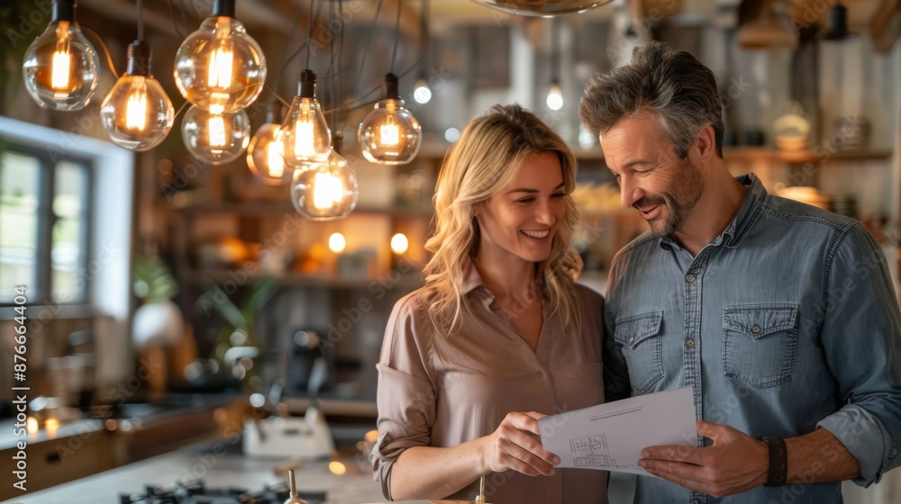 Happy Couple Discussing Kitchen Remodel Plans Under Warm Light Bulbs. Happy Couple Discussing Kitchen Remodel Plans Under Warm Light Bulbs.