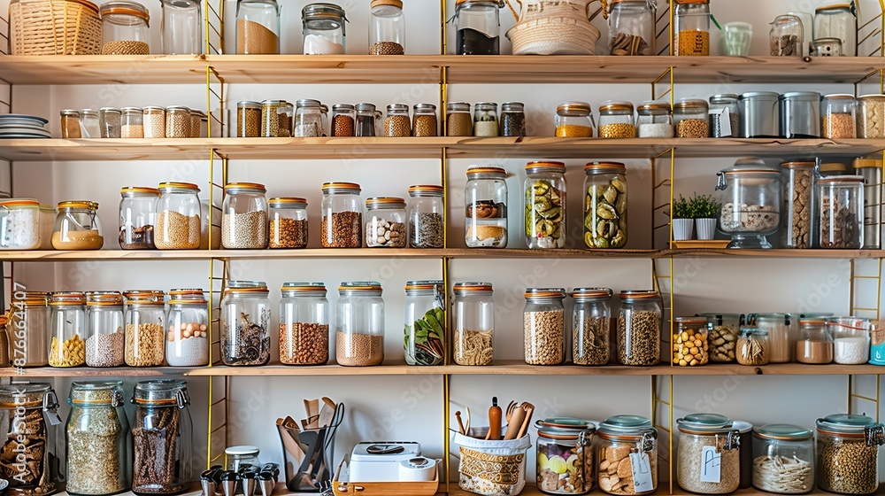 Well-organized kitchen pantry with a variety of food items stored in clear glass jars on wooden shelves, showcasing an appealing and clean setup. Well-organized kitchen pantry with a variety of food items stored in clear glass jars on wooden shelves, showcasing an appealing and clean setup.