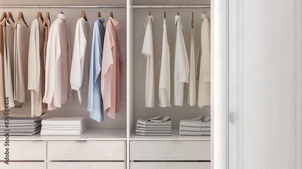 Well-organized closet with neatly arranged clothes on hangers and folded items on shelves, showcasing tidiness and orderliness. Well-organized closet with neatly arranged clothes on hangers and folded items on shelves, showcasing tidiness and orderliness.