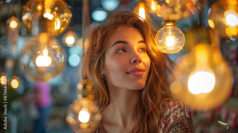 Portrait of a Young Woman Surrounded by Warm Glowing Light Bulbs in a Bokeh Background Portrait of a Young Woman Surrounded by Warm Glowing Light Bulbs in a Bokeh Background