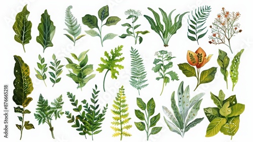 Wallpaper Mural collection various watercolor leaves plants, beautifully detailed vibrant green shades natural patterns. Torontodigital.ca