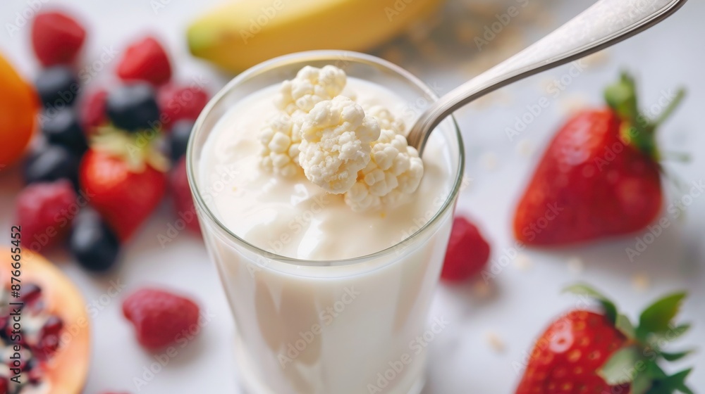 A refreshing glass of yogurt garnished with fruits like strawberries, raspberries, blueberries, and a banana on a white background. A refreshing glass of yogurt garnished with fruits like strawberries, raspberries, blueberries, and a banana on a white background.