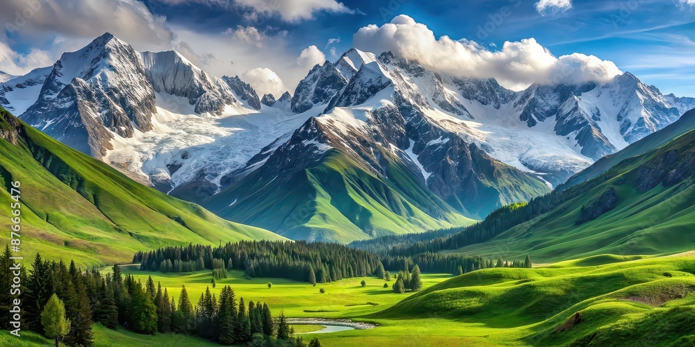 Fototapeta premium Snow-covered mountains towering over a vibrant green valley below, mountains, snow, winter, cold, landscape, valley
