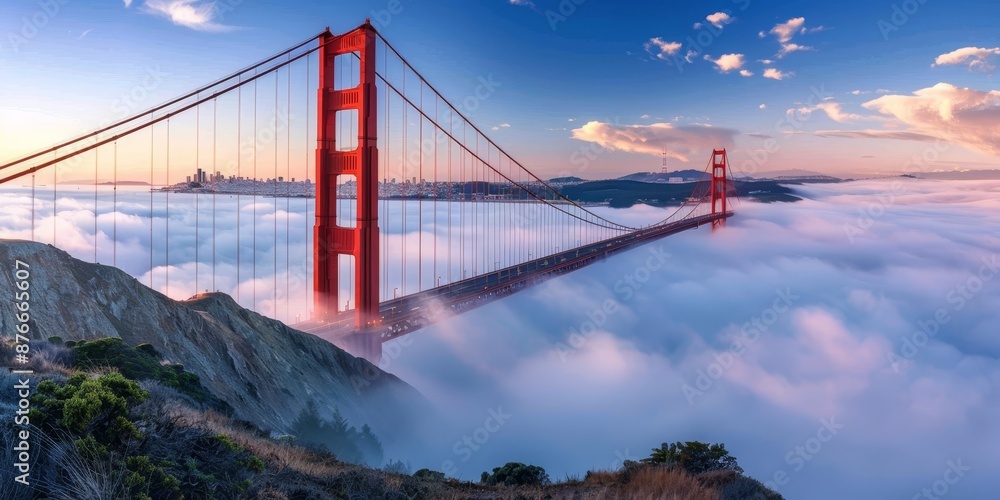 Obraz premium A serene view of the Golden Gate Bridge shrouded in mist, stretching across the bay with its iconic red hue