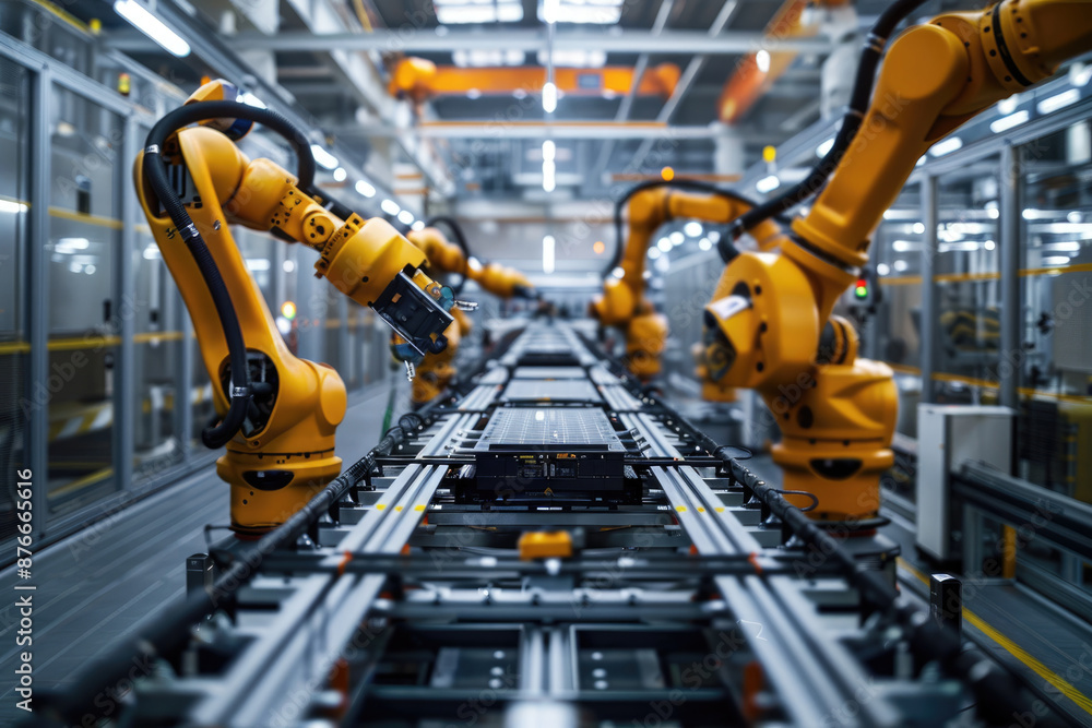 Modern factory, robotic arm production assembly line Modern factory, robotic arm production assembly line