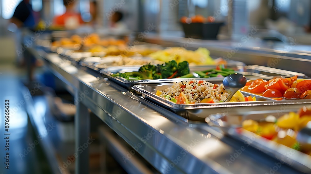 A cafeteria lunch line with trays and food options A cafeteria lunch line with trays and food options