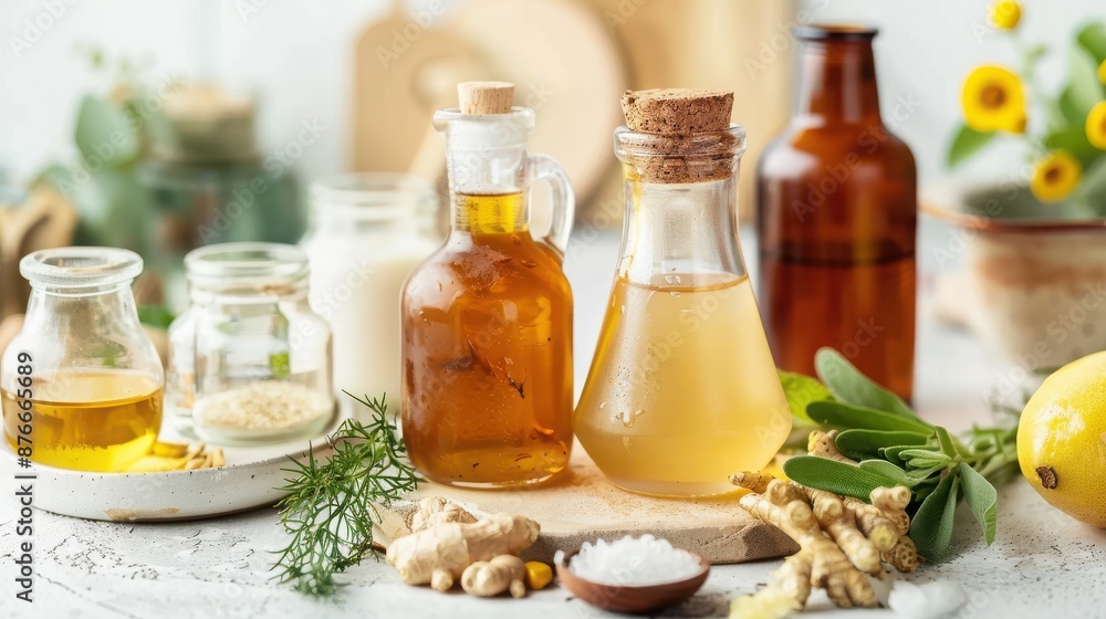 Assorted glass bottles with essential oils and natural ingredients on a table, perfect for wellness and aromatherapy themes. Assorted glass bottles with essential oils and natural ingredients on a table, perfect for wellness and aromatherapy themes.