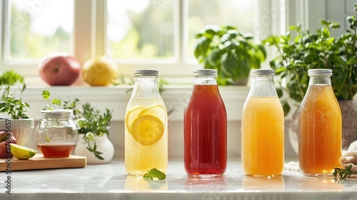 Assorted fresh juices in glass bottles on a kitchen counter with fresh fruits and herbs in the background.