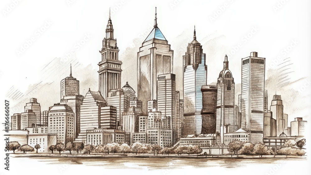 Fototapeta premium Ink sketch of the Philadelphia skyline, Philadelphia, skyline, cityscape, architecture, buildings, sketch