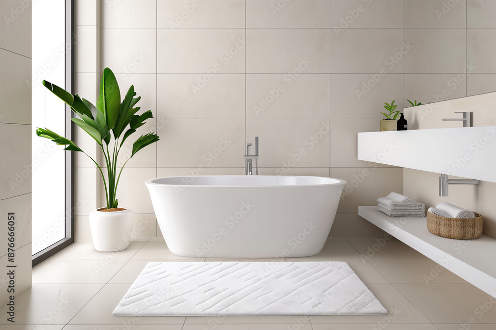 Fototapeta premium Seniorfriendly bathroom featuring textured tiles and a rubber bath mat