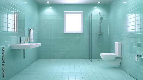 Practical bathroom with safety grab bar and nonslip textured tiles © Porawit