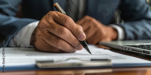 A close-up of a hand signing a financial contract, with documents and a laptop in the background, representing formal financial agreements