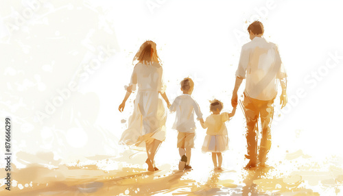 A touching painting of a family walking with their two children in a sunlit scene creating a warm and loving visual perfect for family and love themes