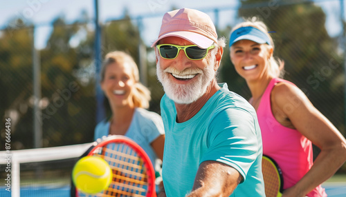 A group of happy seniors playing tennis on a sunny day creating a joyful and energetic visual perfect for active lifestyle and senior activities themes