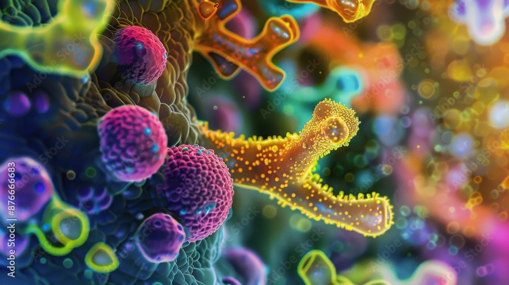 Colorful microscopic view of vibrant bacteria and viruses in a ...