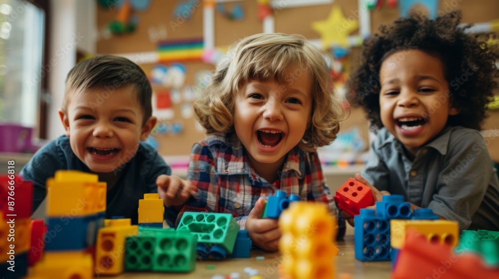 Happiness of children playing building blocks with friends, imaginative creations, children activities. Happiness of children playing building blocks with friends, imaginative creations, children activities.