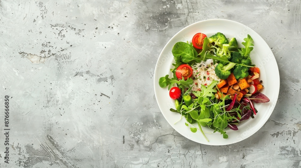 Fresh mixed green salad with tomatoes, carrots, and radish on a white plate against a concrete background. Healthy eating and clean food concept. Fresh mixed green salad with tomatoes, carrots, and radish on a white plate against a concrete background. Healthy eating and clean food concept.