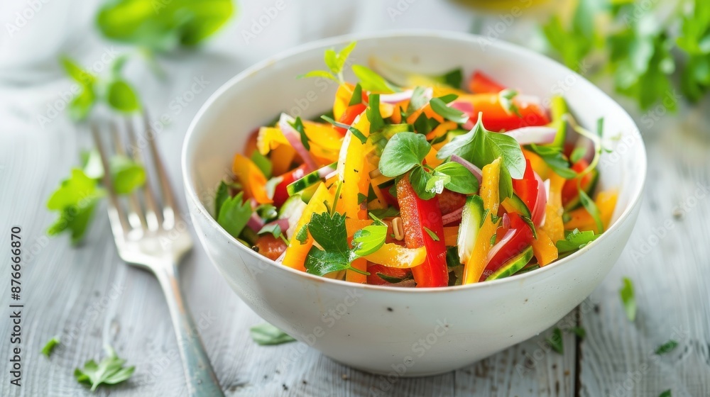 Fresh vegetable salad with bell peppers, onions, and cilantro served in a white bowl on a rustic wooden table. Fresh vegetable salad with bell peppers, onions, and cilantro served in a white bowl on a rustic wooden table.