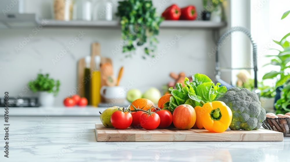 Fresh vegetables including tomatoes, peppers, and broccoli on a wooden cutting board in a modern kitchen with a marble countertop. Fresh vegetables including tomatoes, peppers, and broccoli on a wooden cutting board in a modern kitchen with a marble countertop.