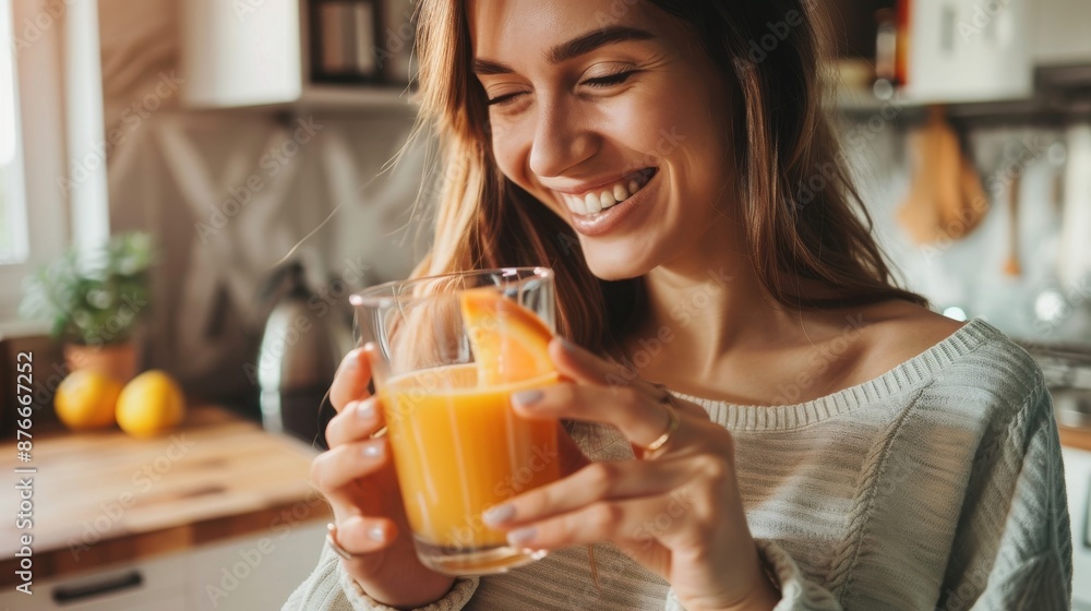Smiling woman enjoying a fresh glass of orange juice in a cozy kitchen setting, filled with natural light and a warm atmosphere. Smiling woman enjoying a fresh glass of orange juice in a cozy kitchen setting, filled with natural light and a warm atmosphere.