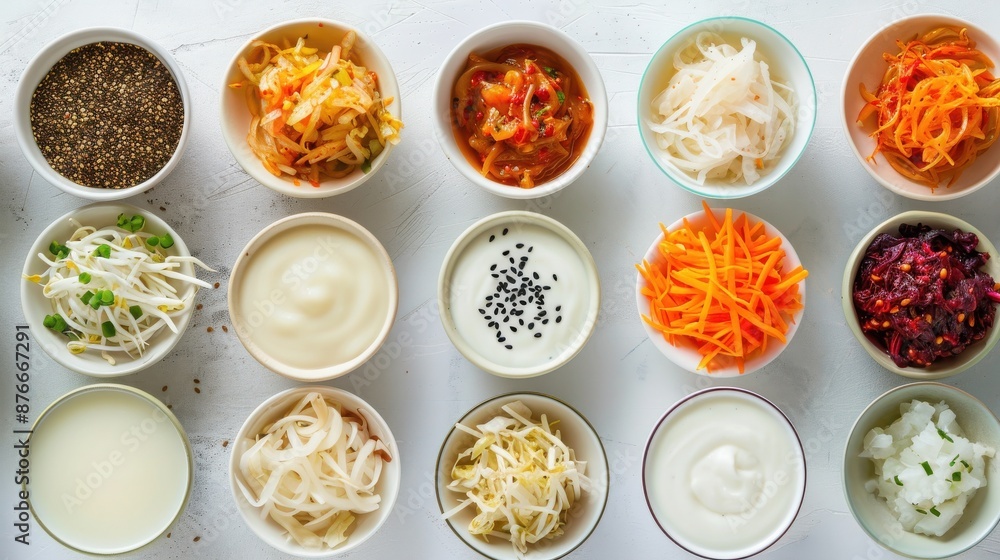 Top view of assorted condiments and dips in small bowls, including various vegetables, seeds, and sauces arranged on a white background. Top view of assorted condiments and dips in small bowls, including various vegetables, seeds, and sauces arranged on a white background.