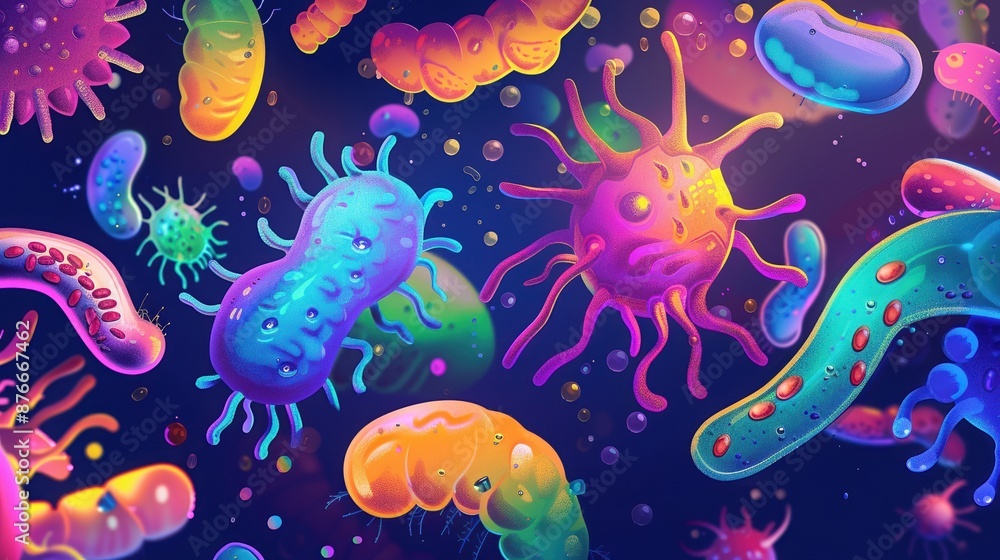 Vibrant, colorful, artistic various bacteria microorganisms set against dark background, showcasing diversity microscopic life. Vibrant, colorful, artistic various bacteria microorganisms set against dark background, showcasing diversity microscopic life.