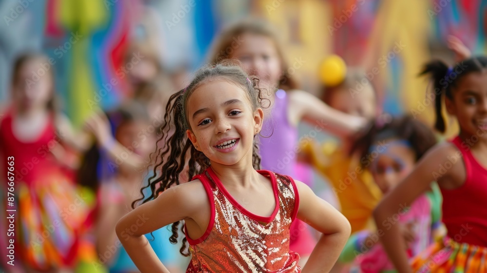 Happy smiling little girl having fun engaged in dance activities in studio, joyful expressions with friends. Happy smiling little girl having fun engaged in dance activities in studio, joyful expressions with friends.