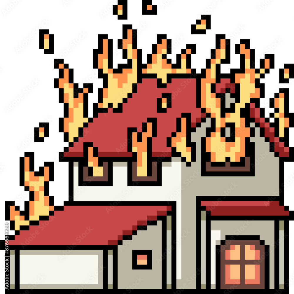 Fototapeta premium pixel art of house burn destroy
