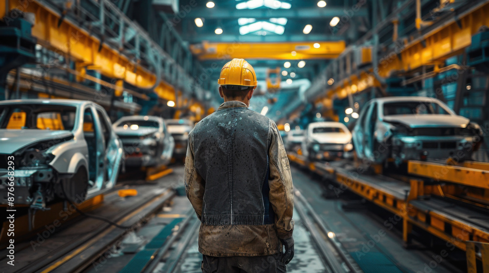 Rear view of a worker in a hard hat observing operations in an automotive factory, showcasing industry and production. Rear view of a worker in a hard hat observing operations in an automotive factory, showcasing industry and production.