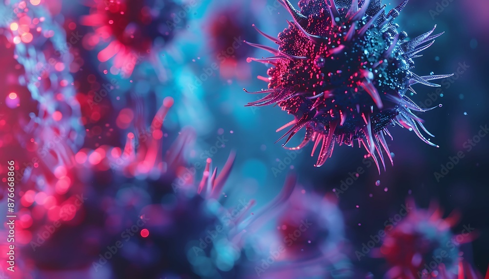 3D illustration close up macro details of red blue microbes molecules virus bacteria. Coronavirus outbreak COVID-19 3D illustration close up macro details of red blue microbes molecules virus bacteria. Coronavirus outbreak COVID-19