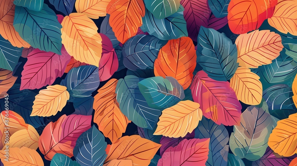 Colorful autumn leaves in a pattern, showcasing vibrant shades of orange, red, blue, and green on a dark background. Colorful autumn leaves in a pattern, showcasing vibrant shades of orange, red, blue, and green on a dark background.