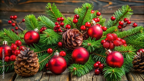 Festive Christmas arrangement with red ornaments, pine cones, and berries on vibrant green pine branches , Christmas