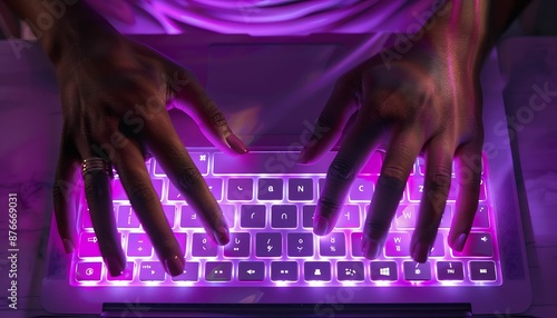 Close up of hands, Data Search Technology SEO Search Engine Optimization concept. Woman typing on purple lit laptop computer keyboard to search data on web browser, close-up of hands photo