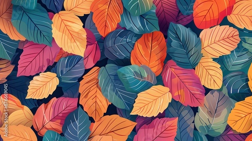 Colorful autumn leaves in a seamless pattern, showcasing vibrant shades of orange, red, blue, and green on a dark background.