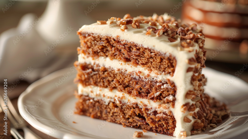 Close-up of a slice of carrot cake with cream cheese frosting, topped with chopped nuts on a white plate. Close-up of a slice of carrot cake with cream cheese frosting, topped with chopped nuts on a white plate.