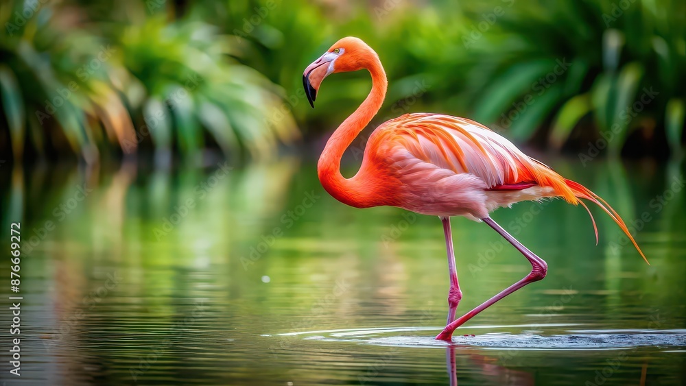 Fototapeta premium Flamingo captured mid-step in elegant pose, flamingo, bird, wildlife, mid-step, elegant, graceful, pink, feathers, capture