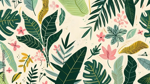 Colorful tropical leaves and flowers seamless pattern. Nature background with green foliage and pink petals, perfect for textiles or wallpapers.