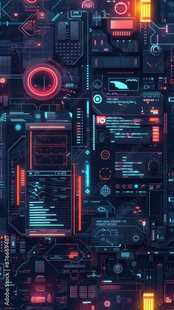 Fototapeta premium Futuristic interface with neon lights and digital data, representing modern technology and innovation in a dark, sleek design.
