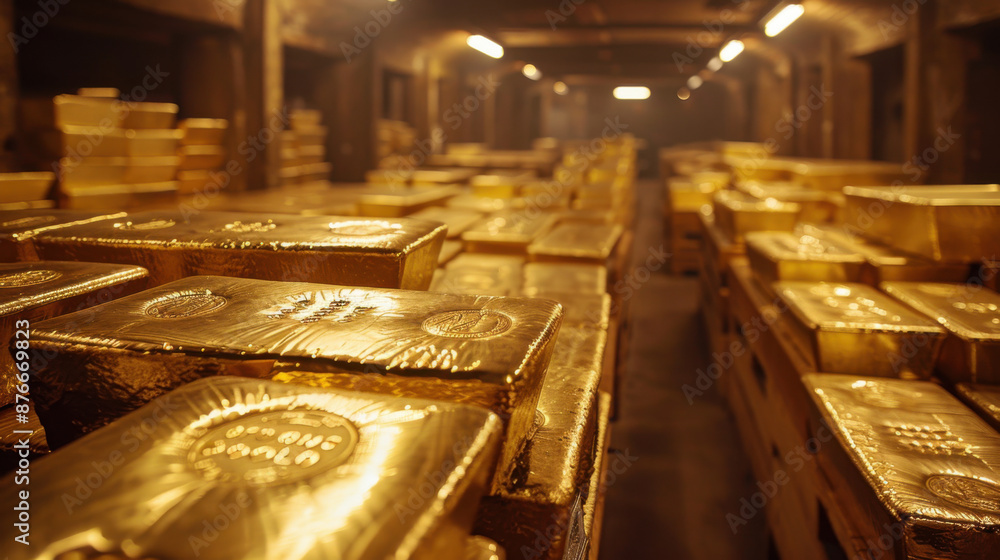 Numerous gold bars stacked neatly in rows inside a dimly lit, secure vault, creating a sense of wealth and security. Numerous gold bars stacked neatly in rows inside a dimly lit, secure vault, creating a sense of wealth and security.
