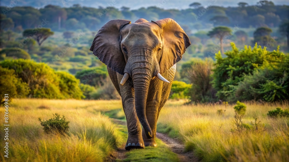 Fototapeta premium Majestic African Elephant Walking Through The Tall Grass Savanna During The Golden Hour