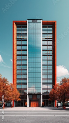 Modern office building with reflective glass facade, surrounded by autumn trees under clear skies. photo