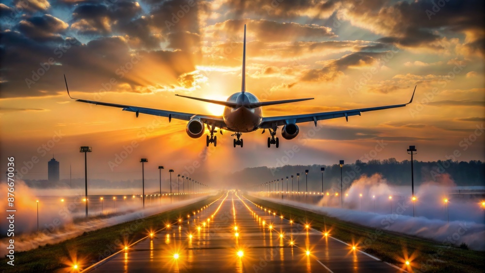 A Jet Airplane Is Landing On A Runway At Sunset. The Plane Is Silhouetted Against The Bright Sky. A Jet Airplane Is Landing On A Runway At Sunset. The Plane Is Silhouetted Against The Bright Sky.
