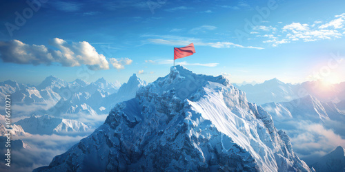 Red flag planted on a snowy mountain summit, illuminated by sunlight, showcasing a panoramic view of snow-covered peaks.