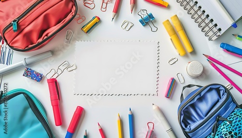 Flat lay top view, white background with empty middle, surrounded by school supplies backpacks, pens, pencils, markers, paper sheets.