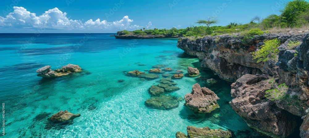 Fototapeta premium Rocky sea coastline. Generative AI technology.