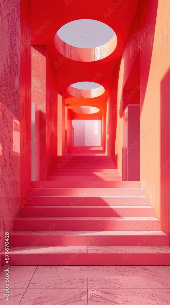 Vibrant pink architecture with geometric shapes and circular skylights, creating a modern and artistic atmosphere within a stairway. Vibrant pink architecture with geometric shapes and circular skylights, creating a modern and artistic atmosphere within a stairway.